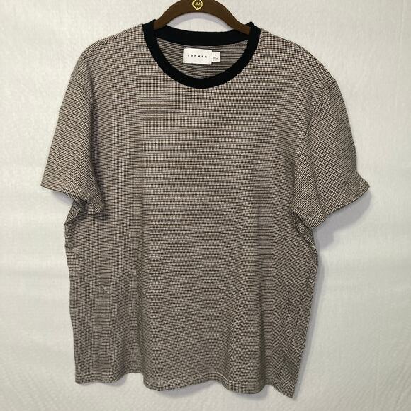 Topman Men’s L Black-Collar Micro-Houndstooth Tee 100% Cotton Retro Minimalist - Picture 1 of 3